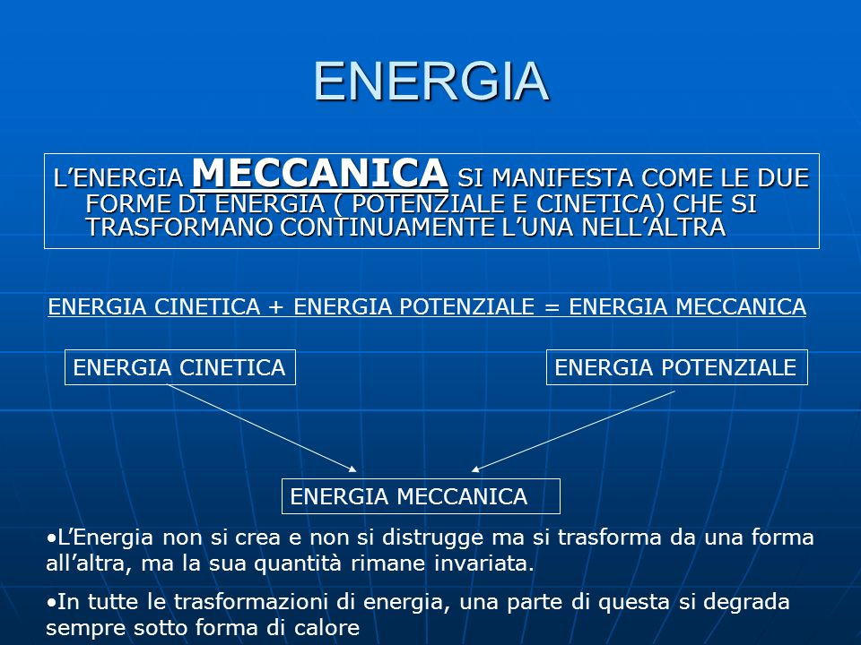 ENERGIA CINETICA + ENERGIA POTENZIALE = ENERGIA MECCANICA