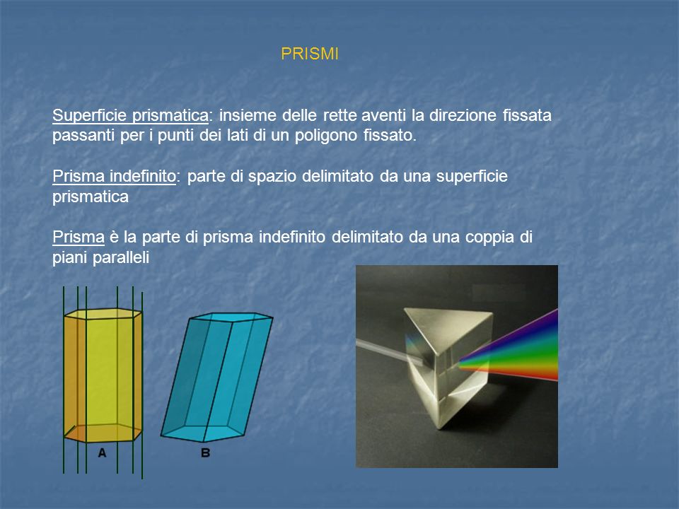 PRISMI Superficie prismatica: insieme delle rette aventi la direzione fissata passanti per i punti dei lati di un poligono fissato.