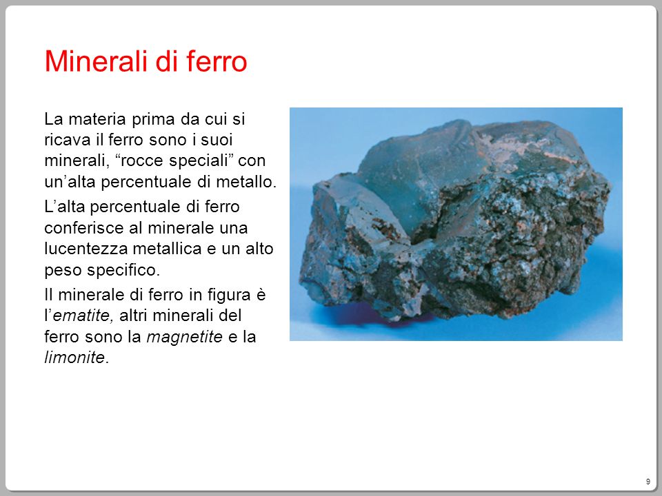 Minerali di ferro La materia prima da cui si ricava il ferro sono i suoi minerali, rocce speciali con un’alta percentuale di metallo.