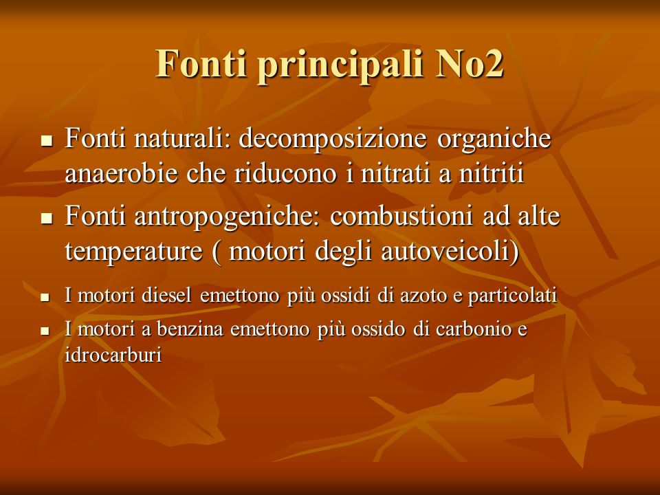 Fonti principali No2 Fonti naturali: decomposizione organiche anaerobie che riducono i nitrati a nitriti.