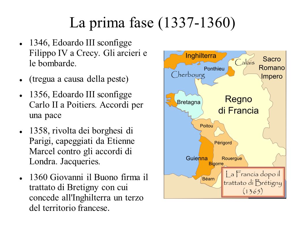 La prima fase ( ) 1346, Edoardo III sconfigge Filippo IV a Crecy. Gli arcieri e le bombarde.