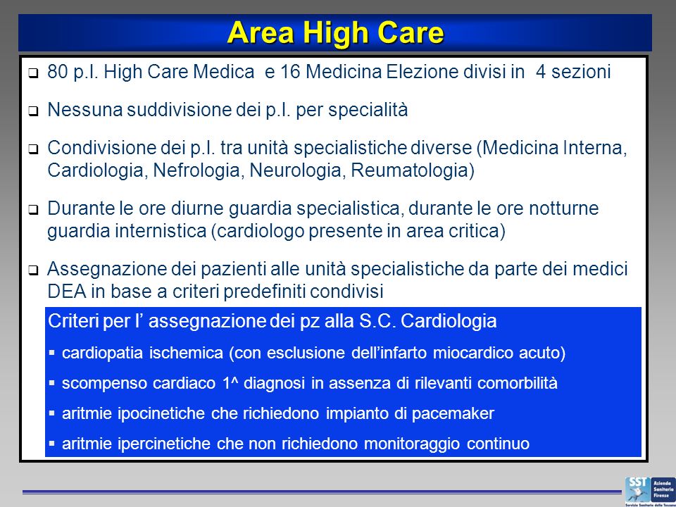 Area High Care 80 p.l. High Care Medica e 16 Medicina Elezione divisi in 4 sezioni. Nessuna suddivisione dei p.l. per specialità.