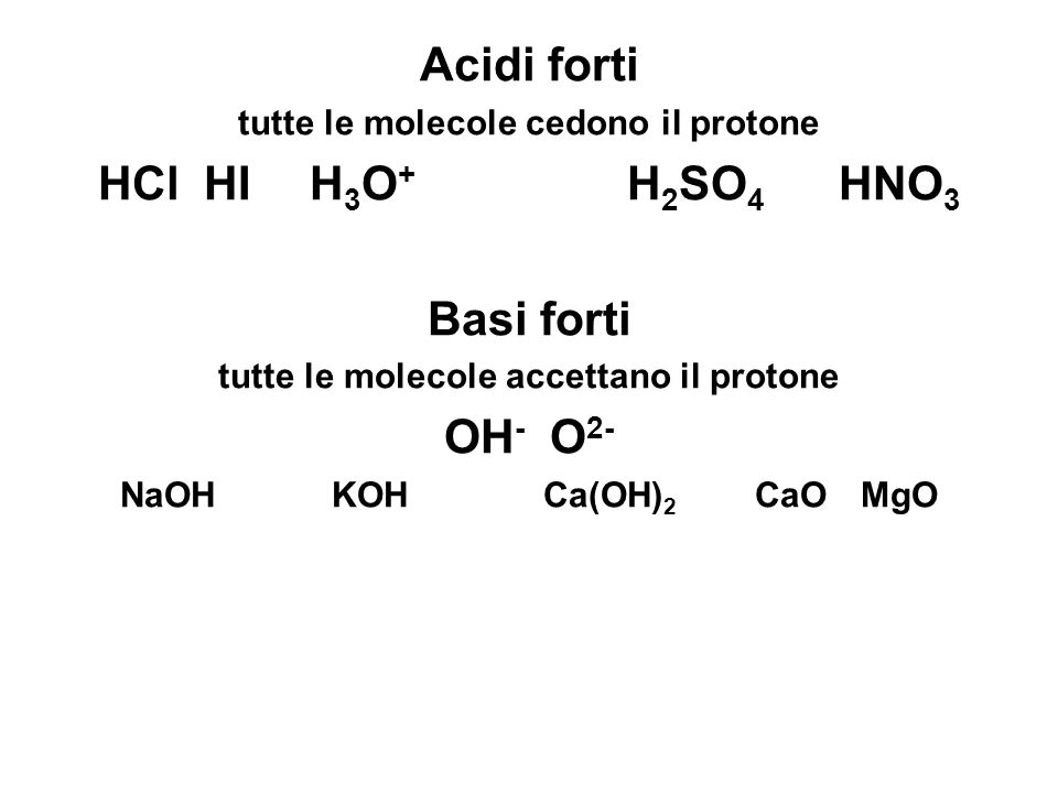 Acidi forti HCl HI H3O+ H2SO4 HNO3 Basi forti OH- O2-