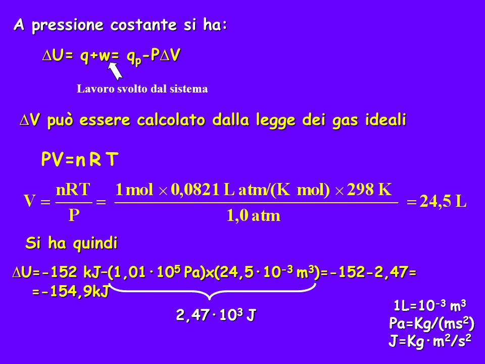 PV=n R T A pressione costante si ha: ∆U= q+w= qp-P∆V