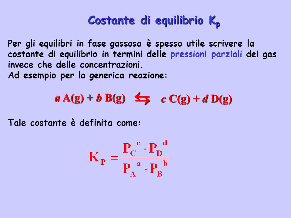   Costante di equilibrio Kp a A(g) + b B(g) c C(g) + d D(g)