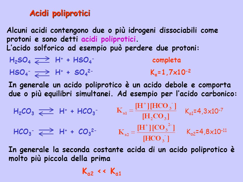 Acidi poliprotici Alcuni acidi contengono due o più idrogeni dissociabili come protoni e sono detti acidi poliprotici.