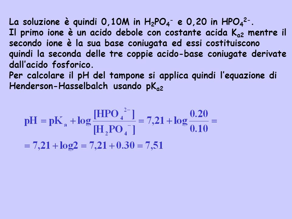 La soluzione è quindi 0,10M in H2PO4- e 0,20 in HPO42-.