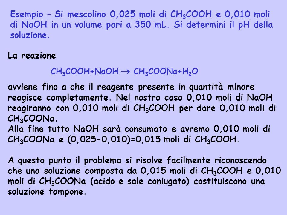 Esempio – Si mescolino 0,025 moli di CH3COOH e 0,010 moli di NaOH in un volume pari a 350 mL. Si determini il pH della soluzione.