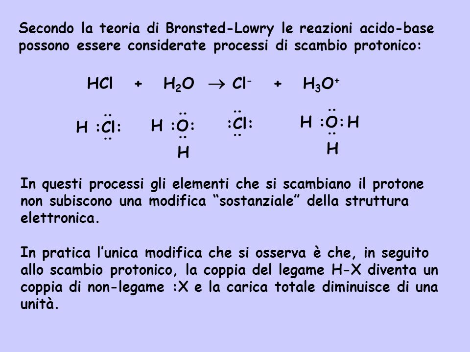 Secondo la teoria di Bronsted-Lowry le reazioni acido-base possono essere considerate processi di scambio protonico: