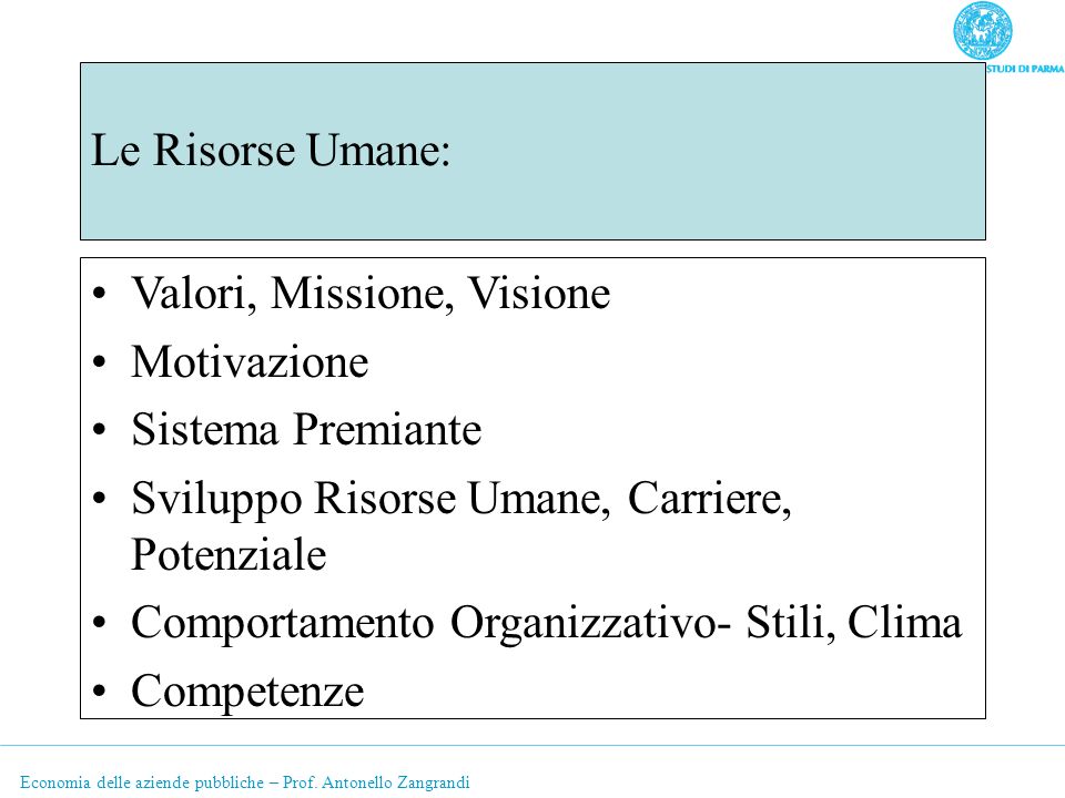 Le Risorse Umane: Valori, Missione, Visione. Motivazione. Sistema Premiante. Sviluppo Risorse Umane, Carriere, Potenziale.