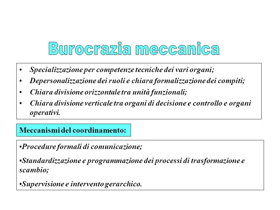 Burocrazia meccanica Specializzazione per competenze tecniche dei vari organi; Depersonalizzazione dei ruoli e chiara formalizzazione dei compiti;
