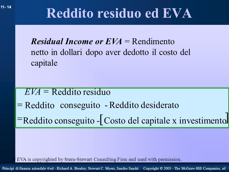 Reddito residuo ed EVA ] [ EVA = Reddito residuo = Reddito