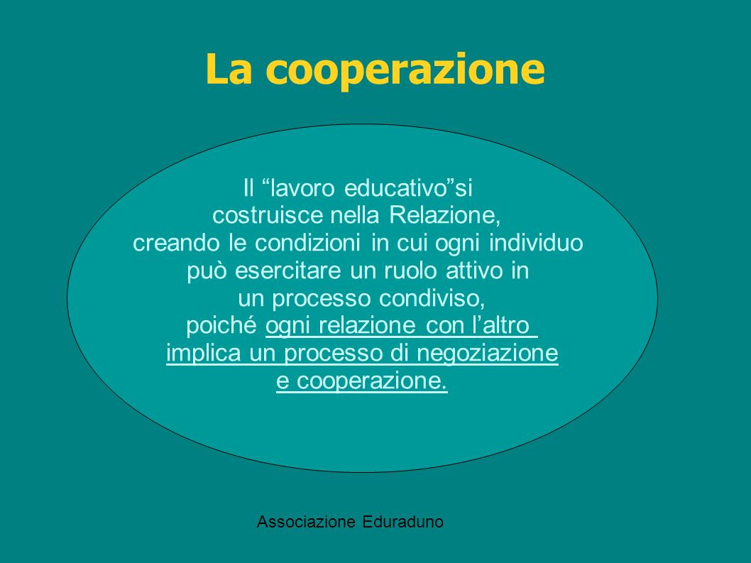 La cooperazione Il lavoro educativo si costruisce nella Relazione,
