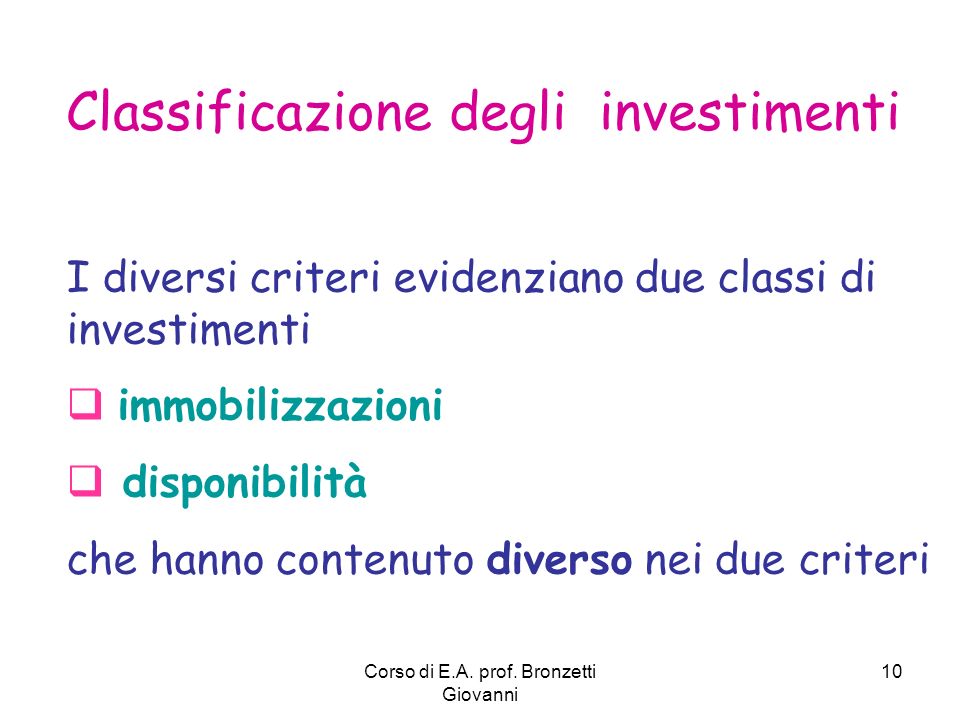Classificazione degli investimenti
