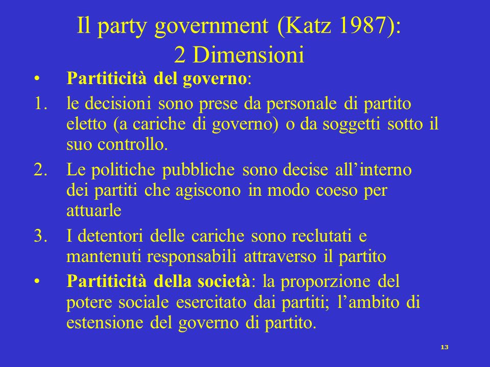 Il party government (Katz 1987): 2 Dimensioni
