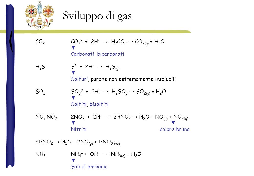 Sviluppo di gas CO2 CO H+ → H2CO3 → CO2(g) + H2O ▼
