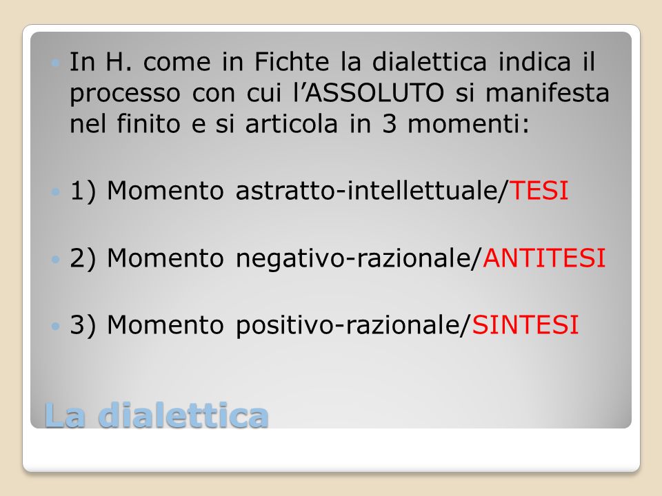 In H. come in Fichte la dialettica indica il processo con cui l’ASSOLUTO si manifesta nel finito e si articola in 3 momenti: