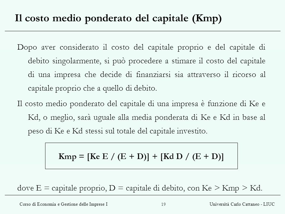 Il costo medio ponderato del capitale (Kmp)