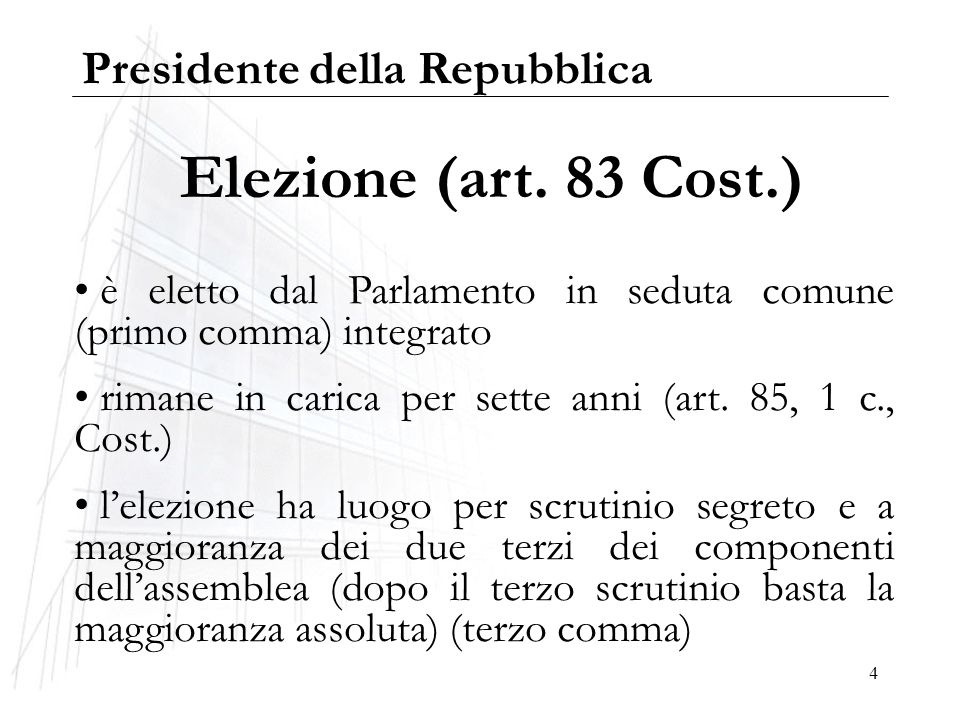 Elezione (art. 83 Cost.) Presidente della Repubblica
