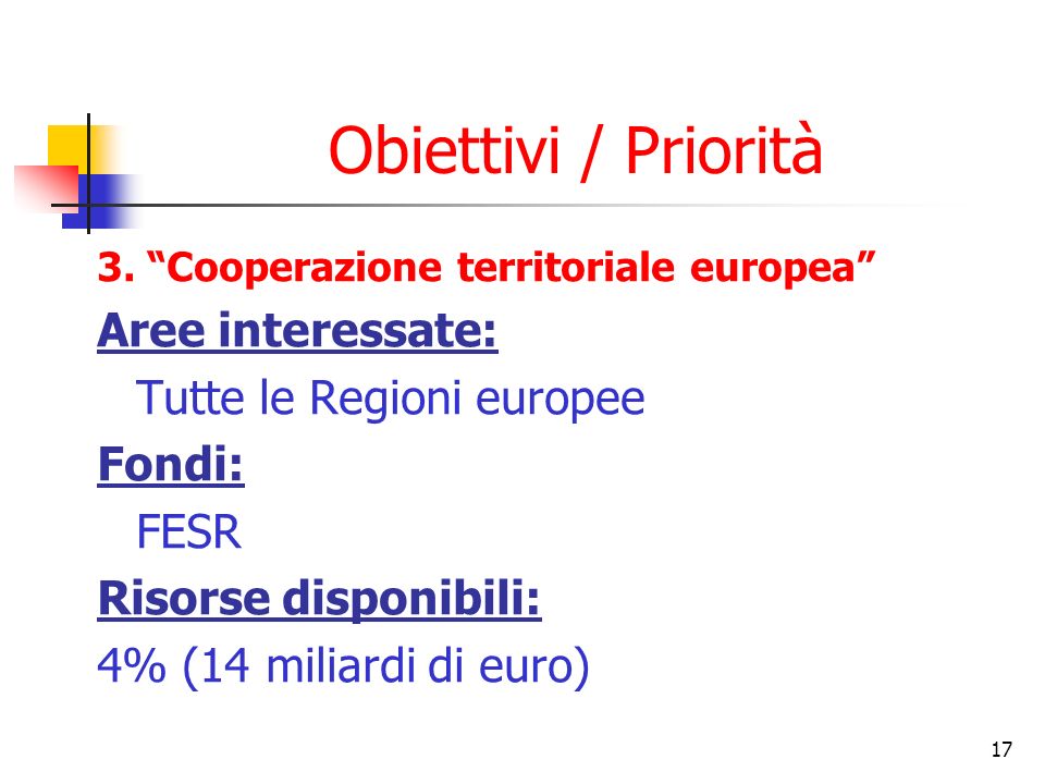 Obiettivi / Priorità Aree interessate: Tutte le Regioni europee Fondi: