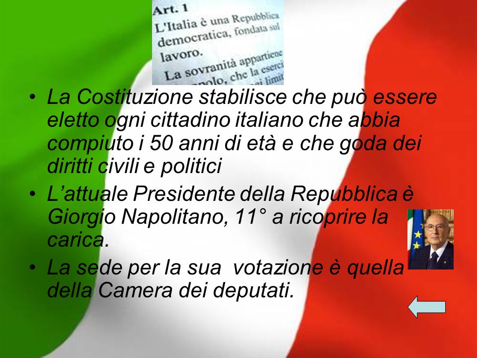 La Costituzione stabilisce che può essere eletto ogni cittadino italiano che abbia compiuto i 50 anni di età e che goda dei diritti civili e politici