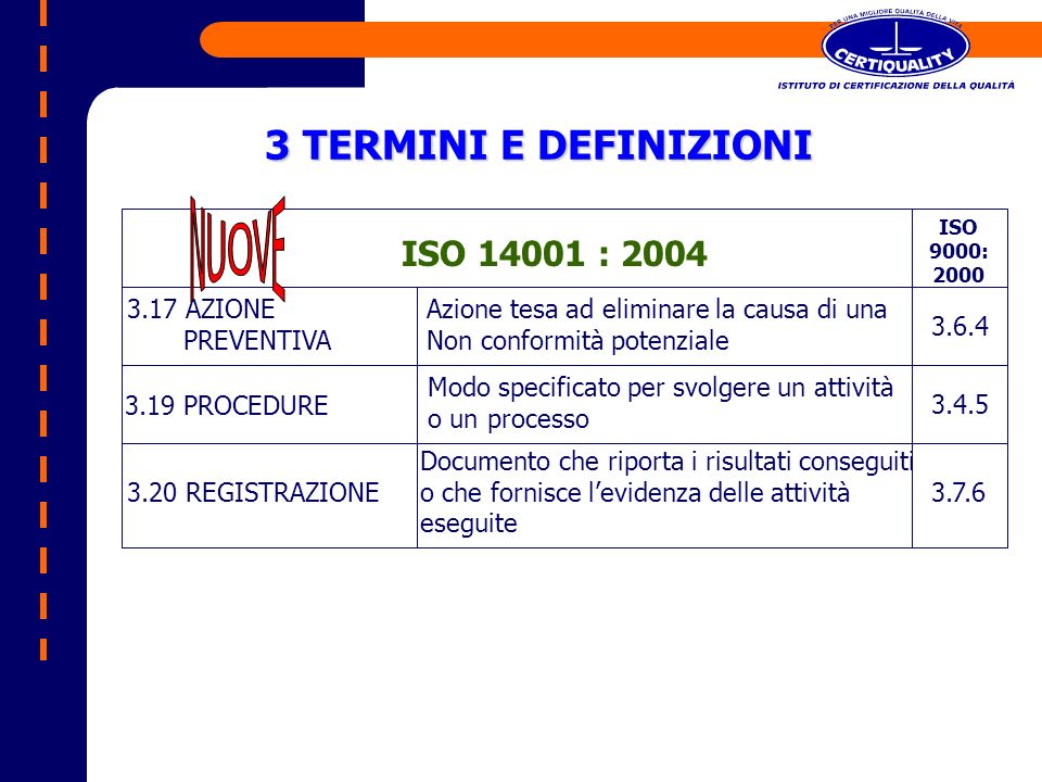 3 TERMINI E DEFINIZIONI ISO : 2004 NUOVE 3.17 AZIONE PREVENTIVA