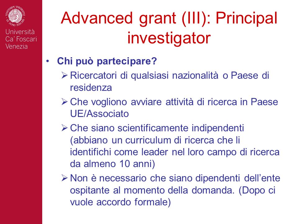 Advanced grant (III): Principal investigator