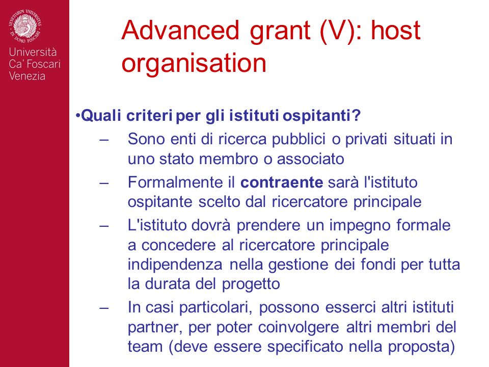 Advanced grant (V): host organisation