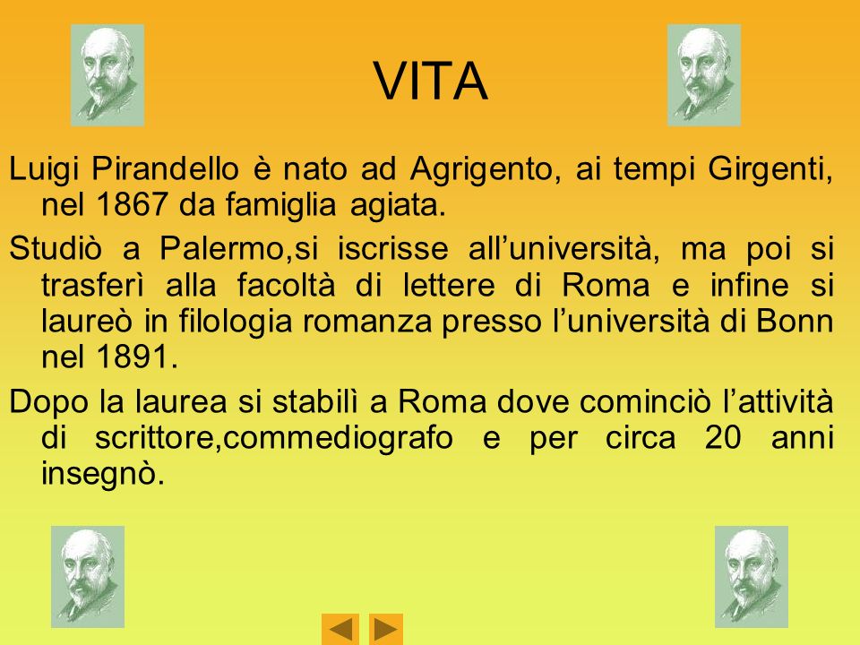 VITA Luigi Pirandello è nato ad Agrigento, ai tempi Girgenti, nel 1867 da famiglia agiata.