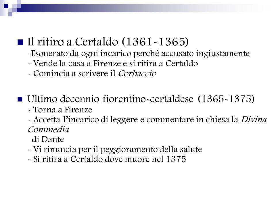 Il ritiro a Certaldo ( ) -Esonerato da ogni incarico perché accusato ingiustamente - Vende la casa a Firenze e si ritira a Certaldo - Comincia a scrivere il Corbaccio
