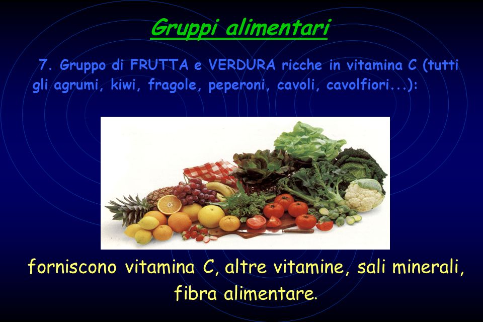 7. Gruppo di FRUTTA e VERDURA ricche in vitamina C (tutti gli agrumi, kiwi, fragole, peperoni, cavoli, cavolfiori...):