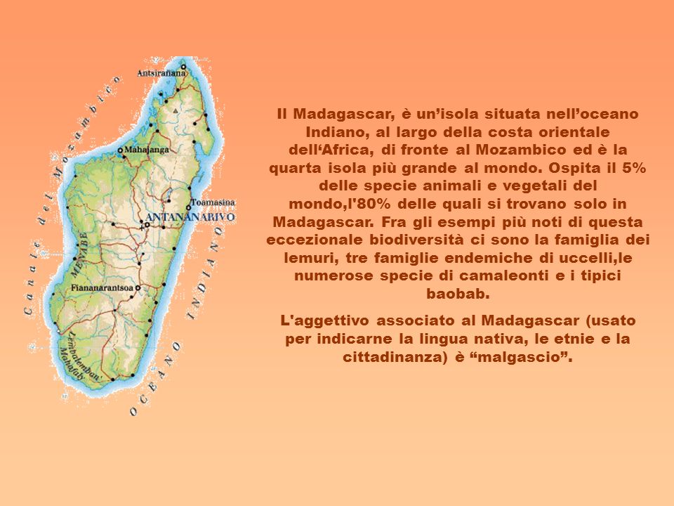 Il Madagascar, è un’isola situata nell’oceano Indiano, al largo della costa orientale dell‘Africa, di fronte al Mozambico ed è la quarta isola più grande al mondo. Ospita il 5% delle specie animali e vegetali del mondo,l 80% delle quali si trovano solo in Madagascar. Fra gli esempi più noti di questa eccezionale biodiversità ci sono la famiglia dei lemuri, tre famiglie endemiche di uccelli,le numerose specie di camaleonti e i tipici baobab.