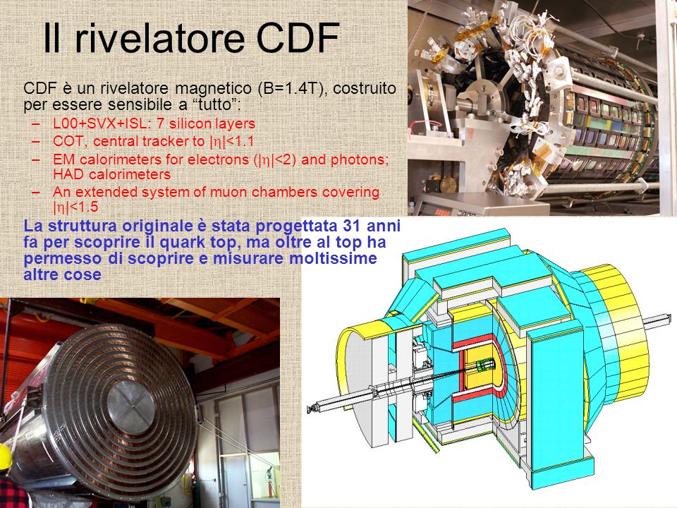 Il rivelatore CDF CDF è un rivelatore magnetico (B=1.4T), costruito per essere sensibile a tutto :