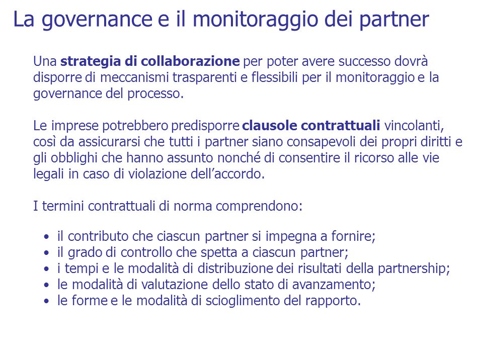La governance e il monitoraggio dei partner