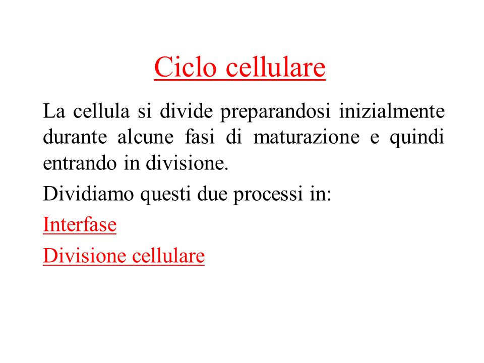 Ciclo cellulare La cellula si divide preparandosi inizialmente durante alcune fasi di maturazione e quindi entrando in divisione.