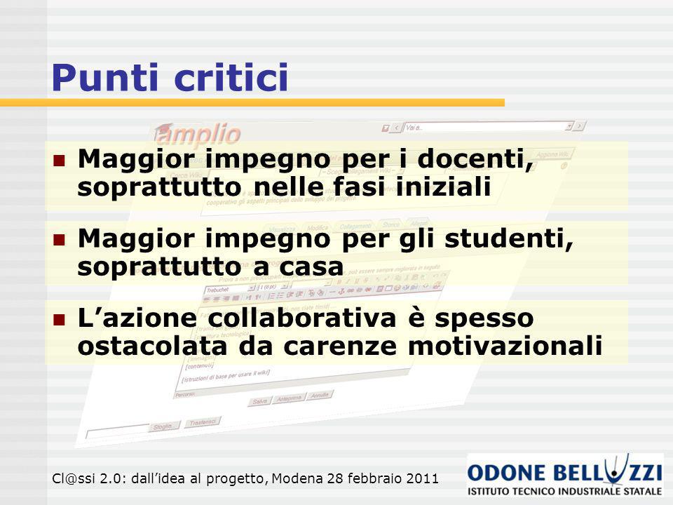 Punti critici Maggior impegno per i docenti, soprattutto nelle fasi iniziali. Maggior impegno per gli studenti, soprattutto a casa.