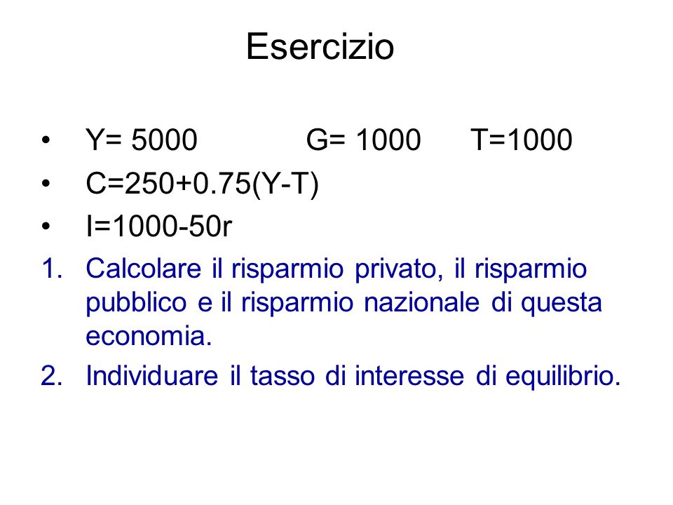 Esercizio Y= 5000 G= 1000 T=1000 C= (Y-T) I= r