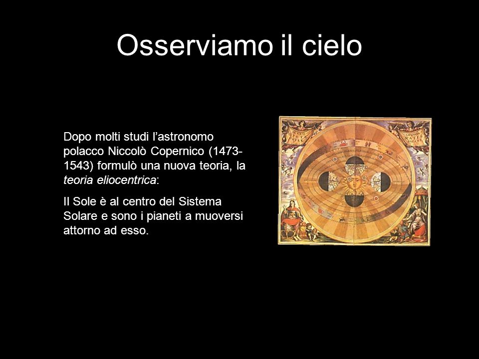 Osserviamo il cielo Dopo molti studi l’astronomo polacco Niccolò Copernico ( ) formulò una nuova teoria, la teoria eliocentrica: