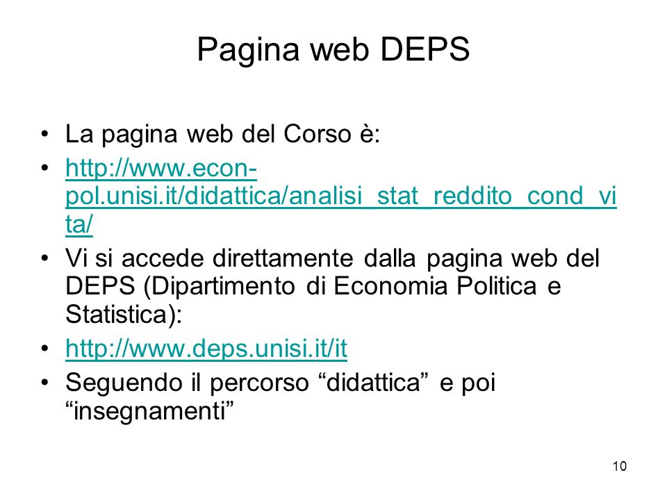 Pagina web DEPS La pagina web del Corso è: