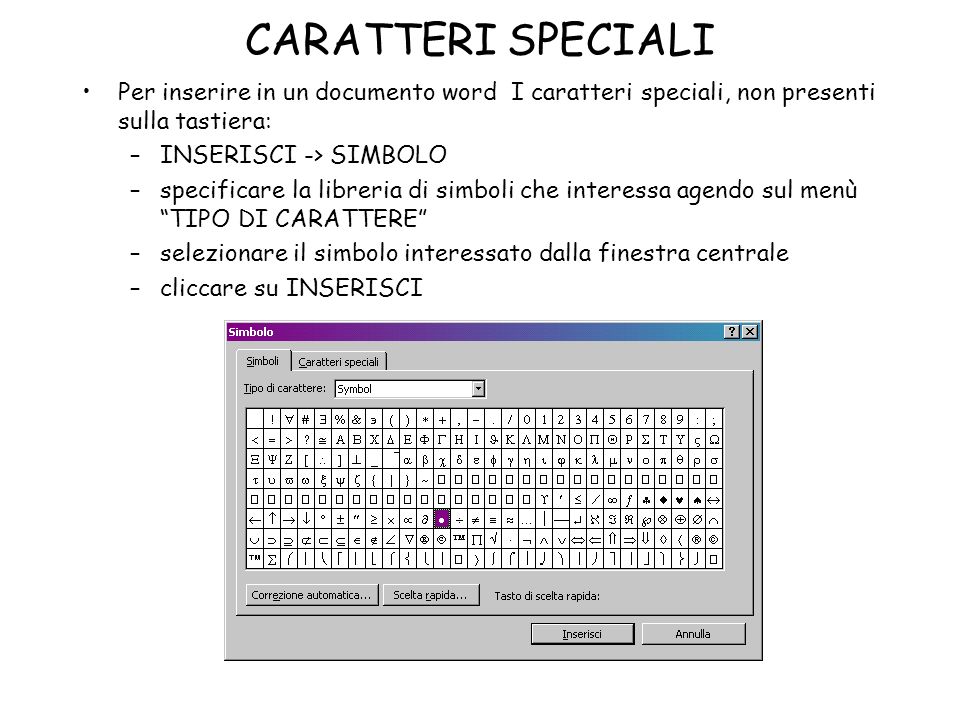 CARATTERI SPECIALI Per inserire in un documento word I caratteri speciali, non presenti sulla tastiera: