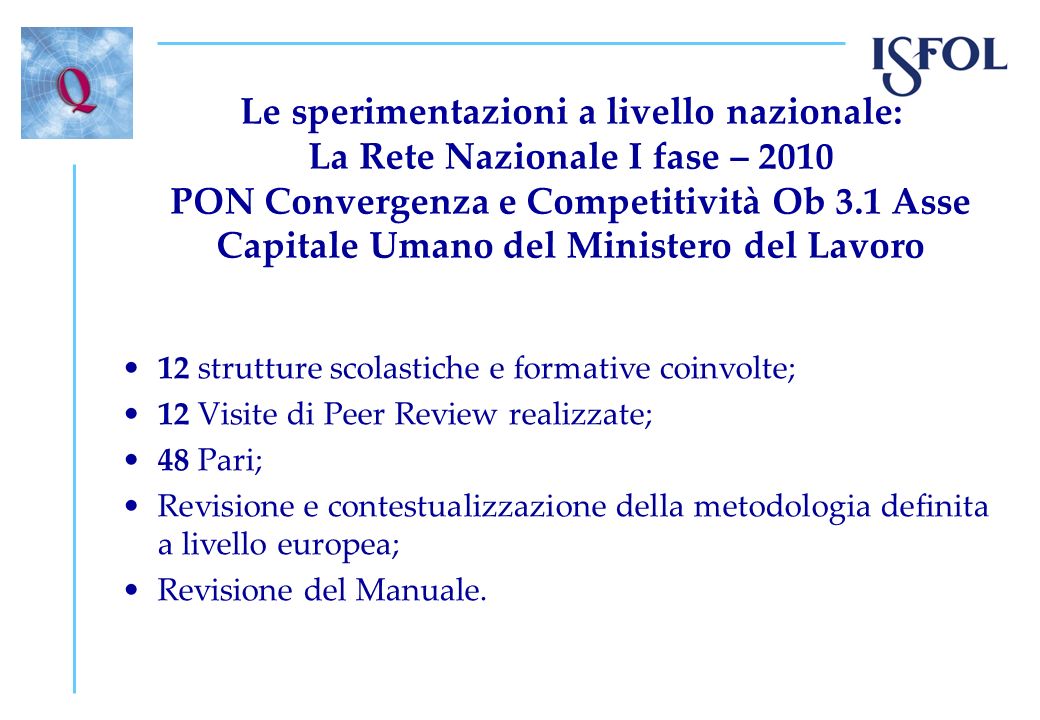 Le sperimentazioni a livello nazionale: La Rete Nazionale I fase – 2010 PON Convergenza e Competitività Ob 3.1 Asse Capitale Umano del Ministero del Lavoro
