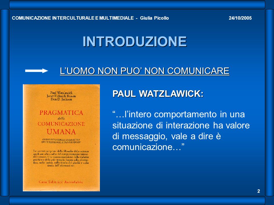 INTRODUZIONE L’UOMO NON PUO’ NON COMUNICARE PAUL WATZLAWICK: