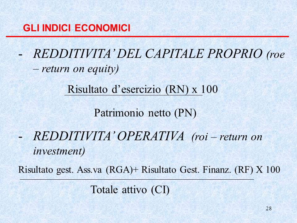 REDDITIVITA’ DEL CAPITALE PROPRIO (roe – return on equity)