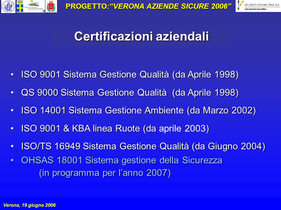PROGETTO: VERONA AZIENDE SICURE 2006 Certificazioni aziendali