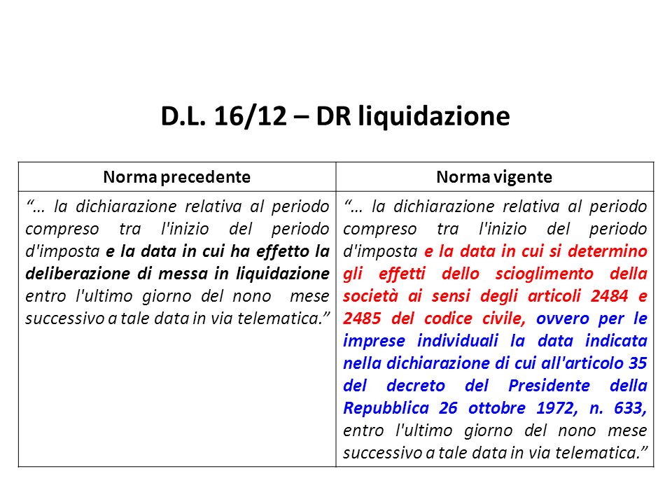 D.L. 16/12 – DR liquidazione Norma precedente Norma vigente