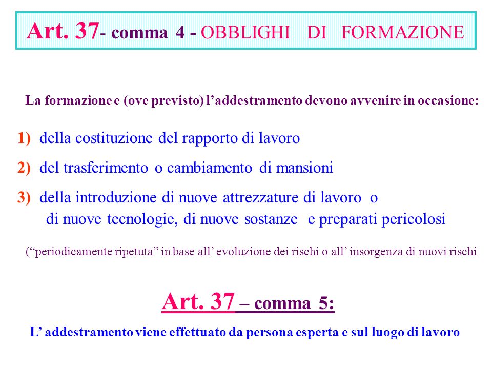Art. 37 – comma 5: Art. 37- comma 4 - OBBLIGHI DI FORMAZIONE