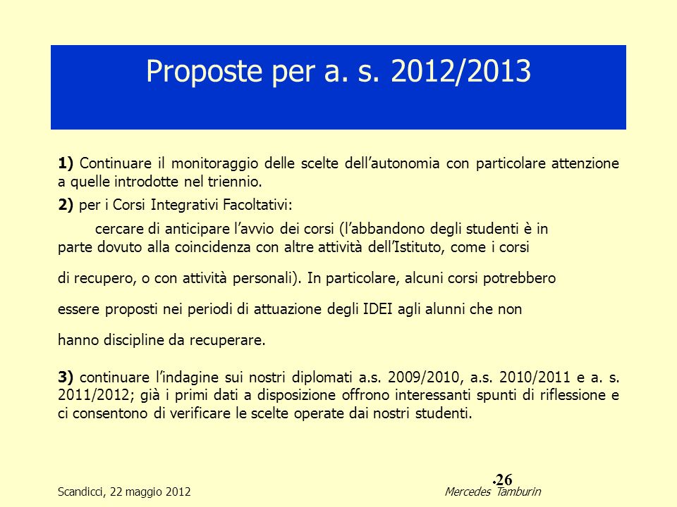 Proposte per a. s. 2012/2013 1) Continuare il monitoraggio delle scelte dell’autonomia con particolare attenzione a quelle introdotte nel triennio.