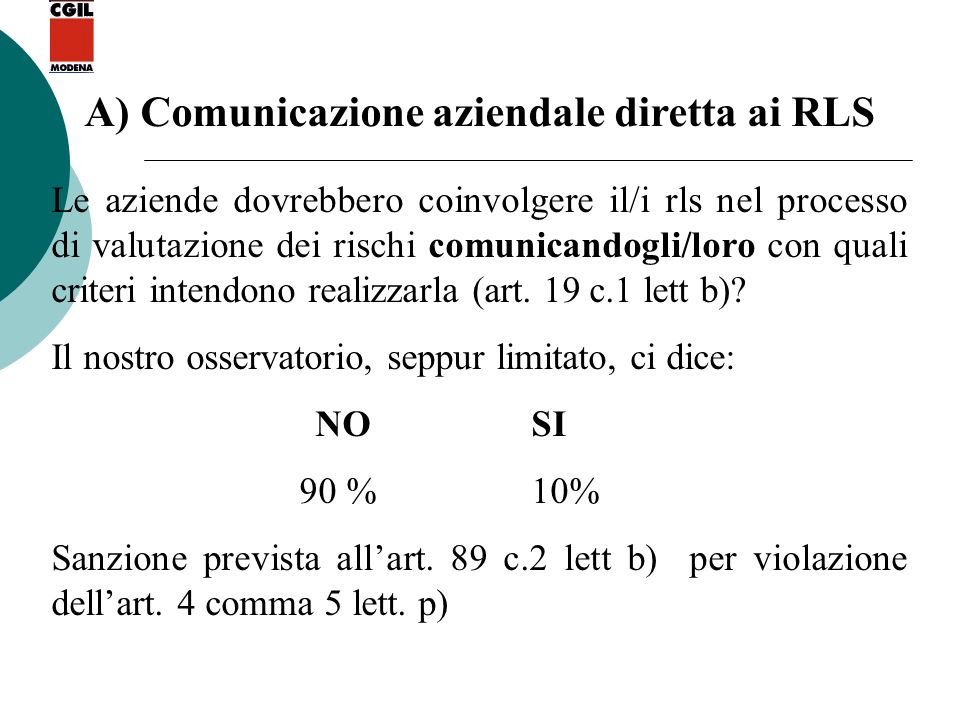 A) Comunicazione aziendale diretta ai RLS