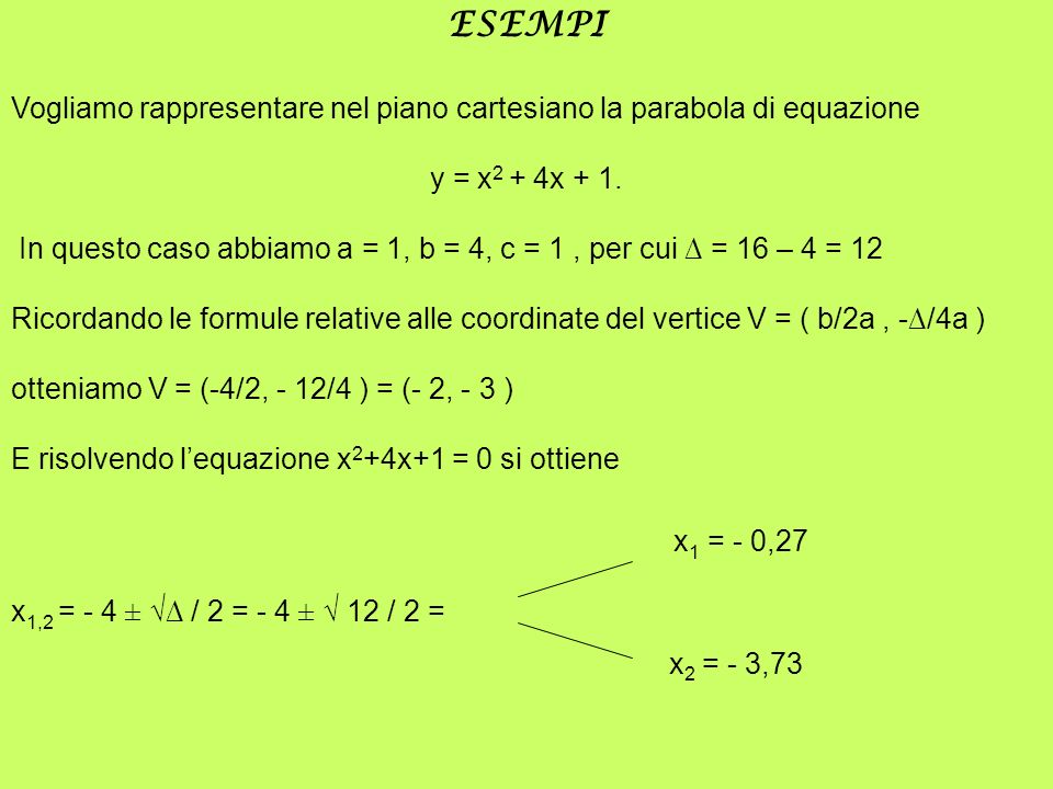 ESEMPI Vogliamo rappresentare nel piano cartesiano la parabola di equazione. y = x2 + 4x + 1.