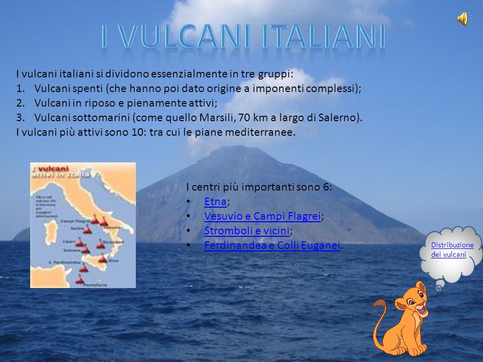 I vulcani italiani I vulcani italiani si dividono essenzialmente in tre gruppi: Vulcani spenti (che hanno poi dato origine a imponenti complessi);